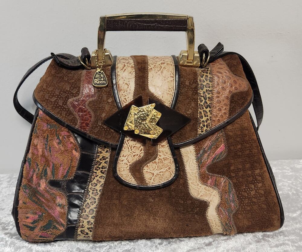 Vintage Reem Womens Brown Leather & Suede Patchwork Top Handle/Crossbody Handbag
